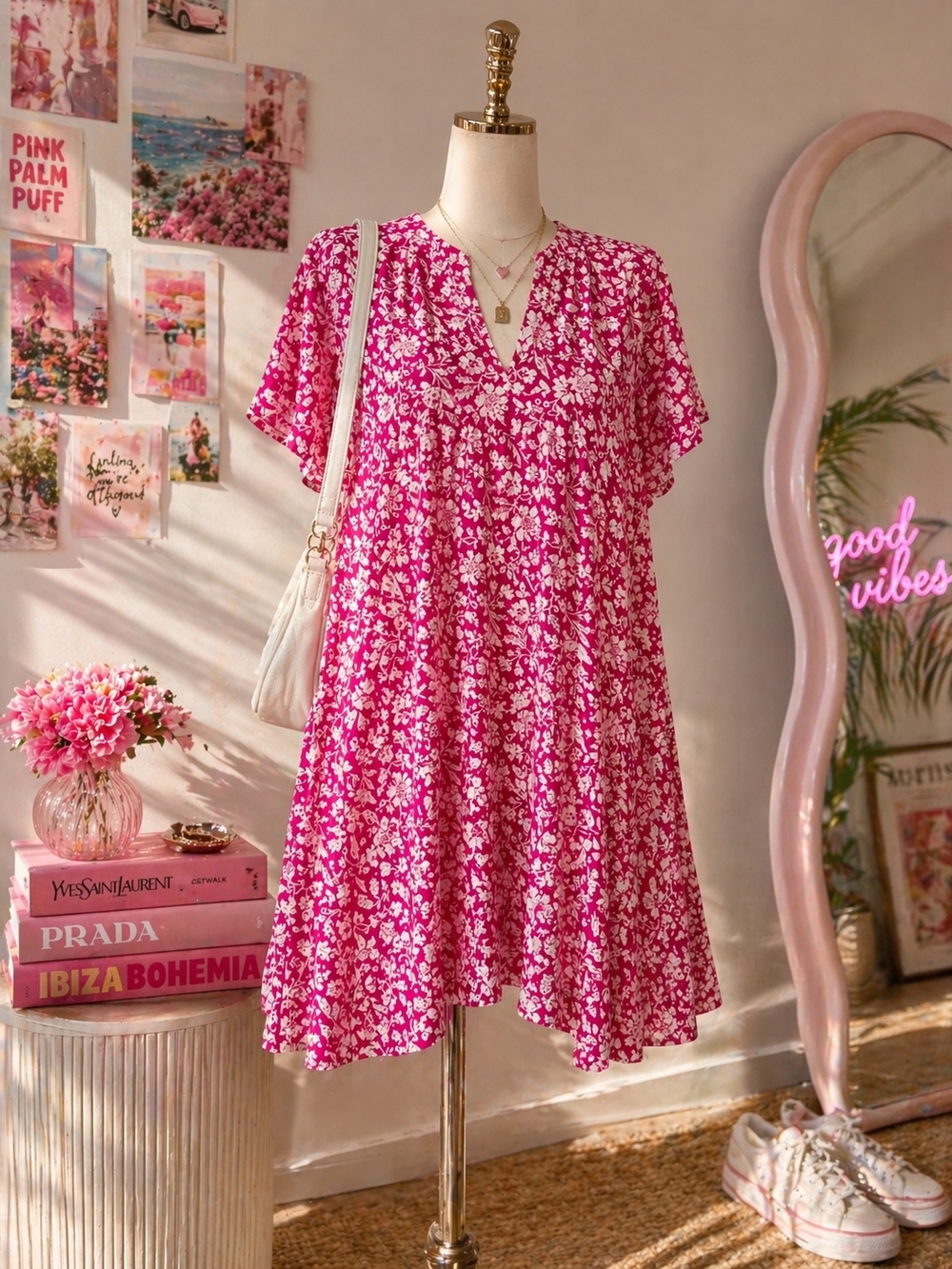 Hejoy Pink Floral Midi Dress Medium NWT Boho Cottagecore Flowy